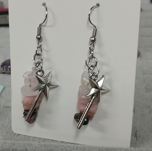 Wand Earrings Natural Gemstone Rose Quartz Rhodonite Pink Opal Crystal Chip Bead - Picture 6 of 10